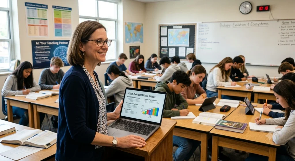 Teacher using AI in a modern classroom with students using tablets.
