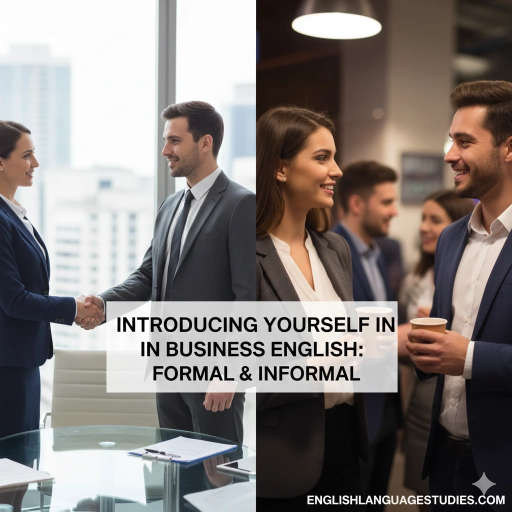 A split-screen comparison showing Introducing Yourself in Business English: Formal & Informal, featuring a professional handshake in a boardroom and a casual networking conversation.