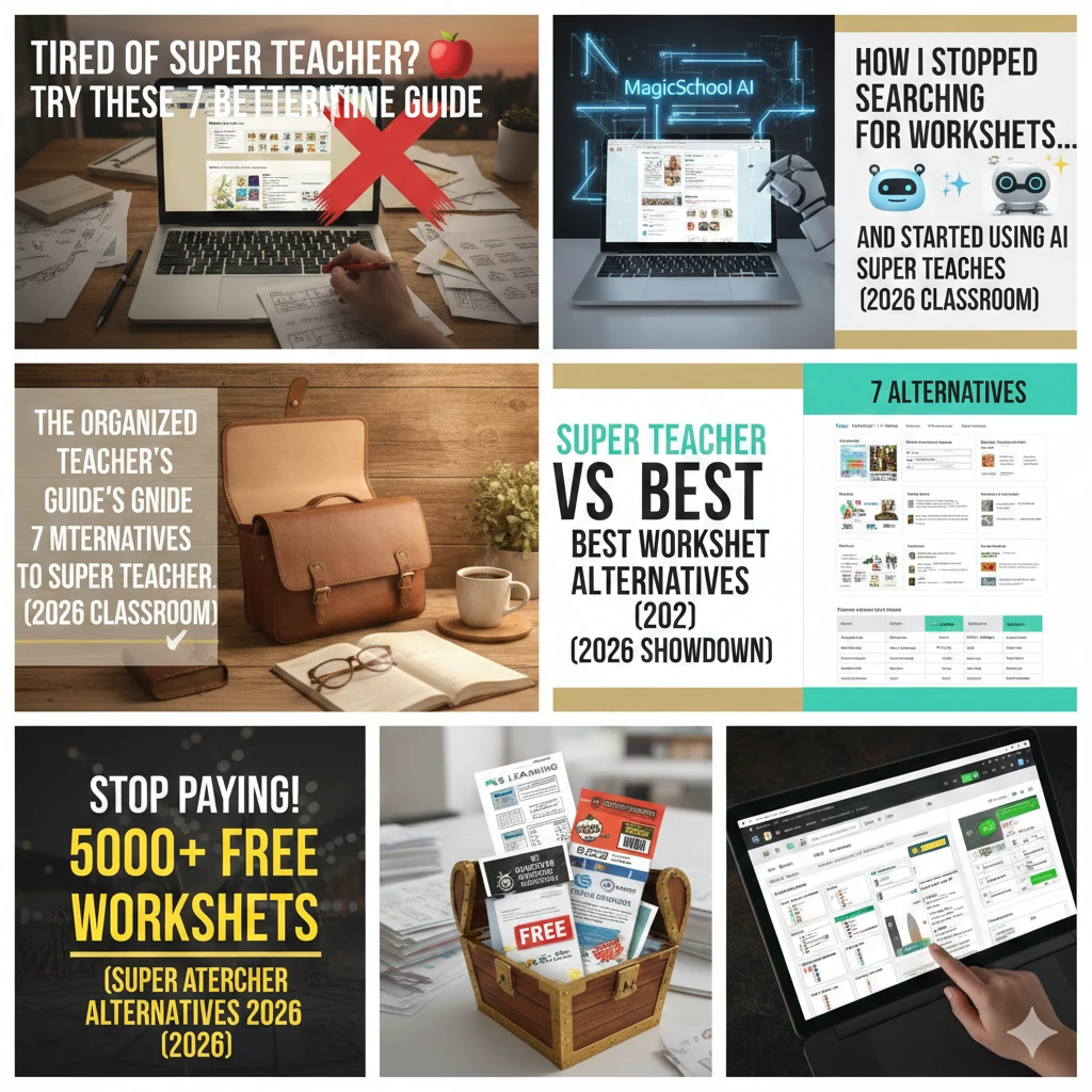 Comparison graphic of 7 Best Super Teacher Worksheets Alternatives for 2026, featuring a teacher's desk with a laptop and educational sites like MagicSchool AI and K5 Learning.