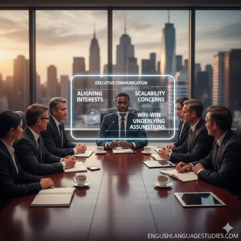 Advanced English phrases for executive business negotiations in a corporate boardroom setting, including terms like aligning interests and scalability concerns.