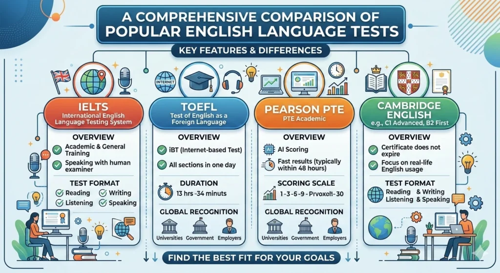 English Proficiency Test Comparison: IELTS, TOEFL, PTE & Duolingo