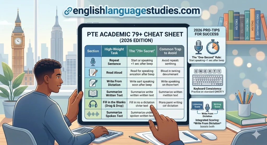 PTE Academic 79 Plus Cheat Sheet 2026 Infographic