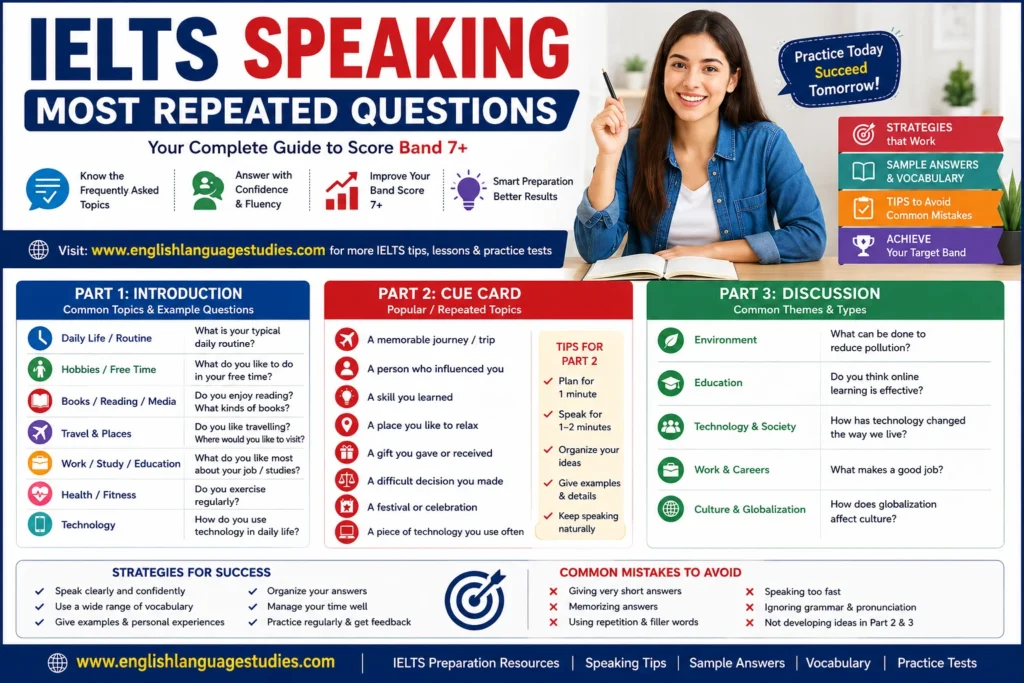 Most Repeated IELTS Speaking Questions | Part 1, 2 & 3 Sample Answers
