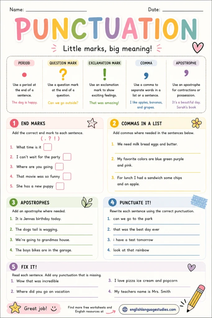 Punctuation Worksheet : Mastering the Art of Punctuation