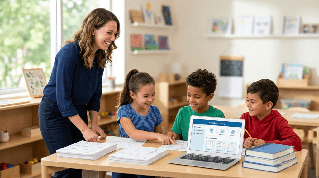 Elementary teacher smiling with students at a table covered in printable worksheets, laptop and books nearby in a bright classroom