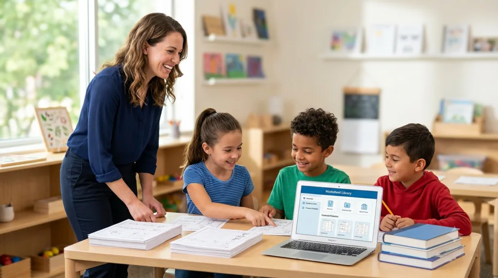 Elementary teacher smiling with students at a table covered in printable worksheets, laptop and books nearby in a bright classroom
