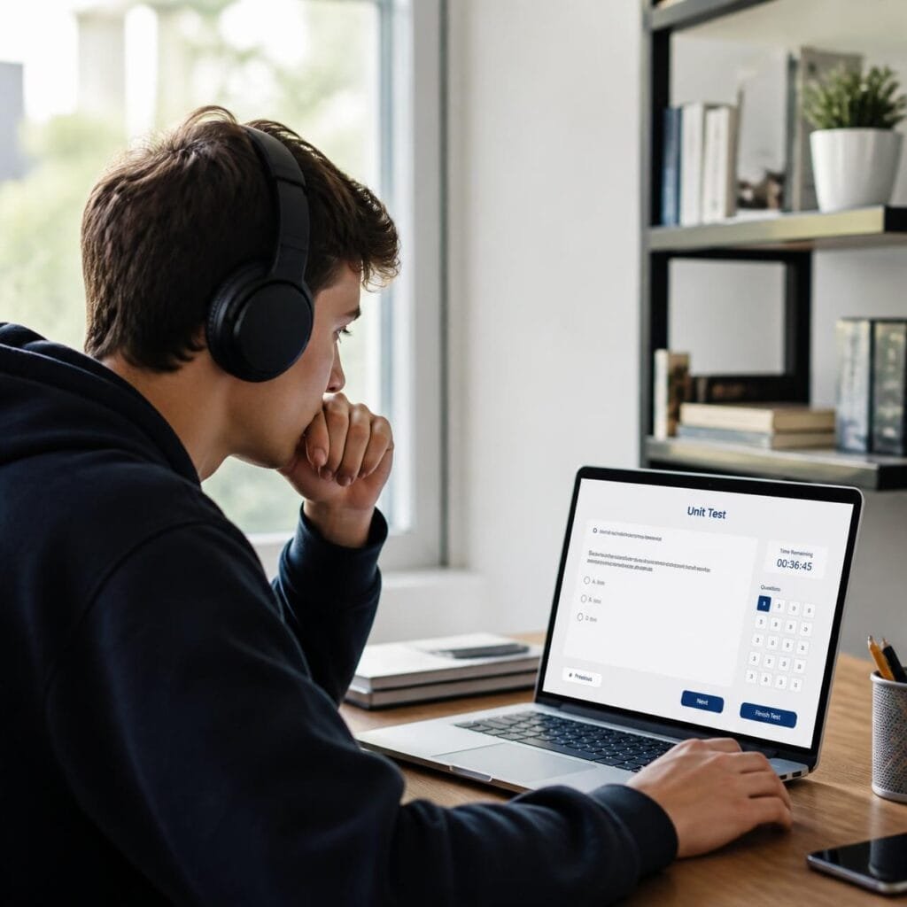 Student taking an IELTS assessment test online on a laptop with headphones