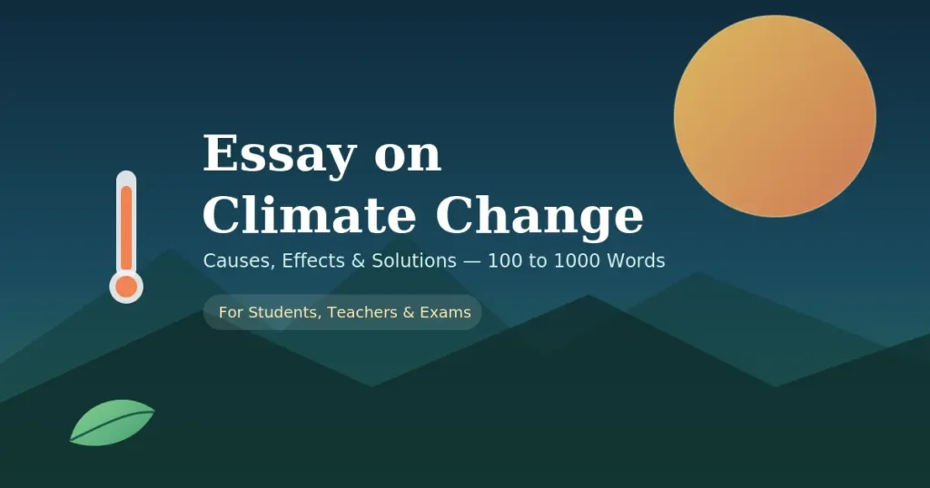 "Essay on climate change cover image showing causes, effects and solutions for students"