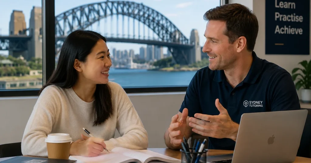 English tutor helping an adult student with lesson notes in Sydney