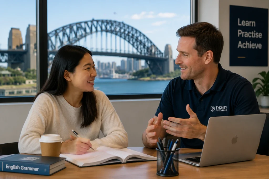 English tutor helping an adult student with lesson notes in Sydney
